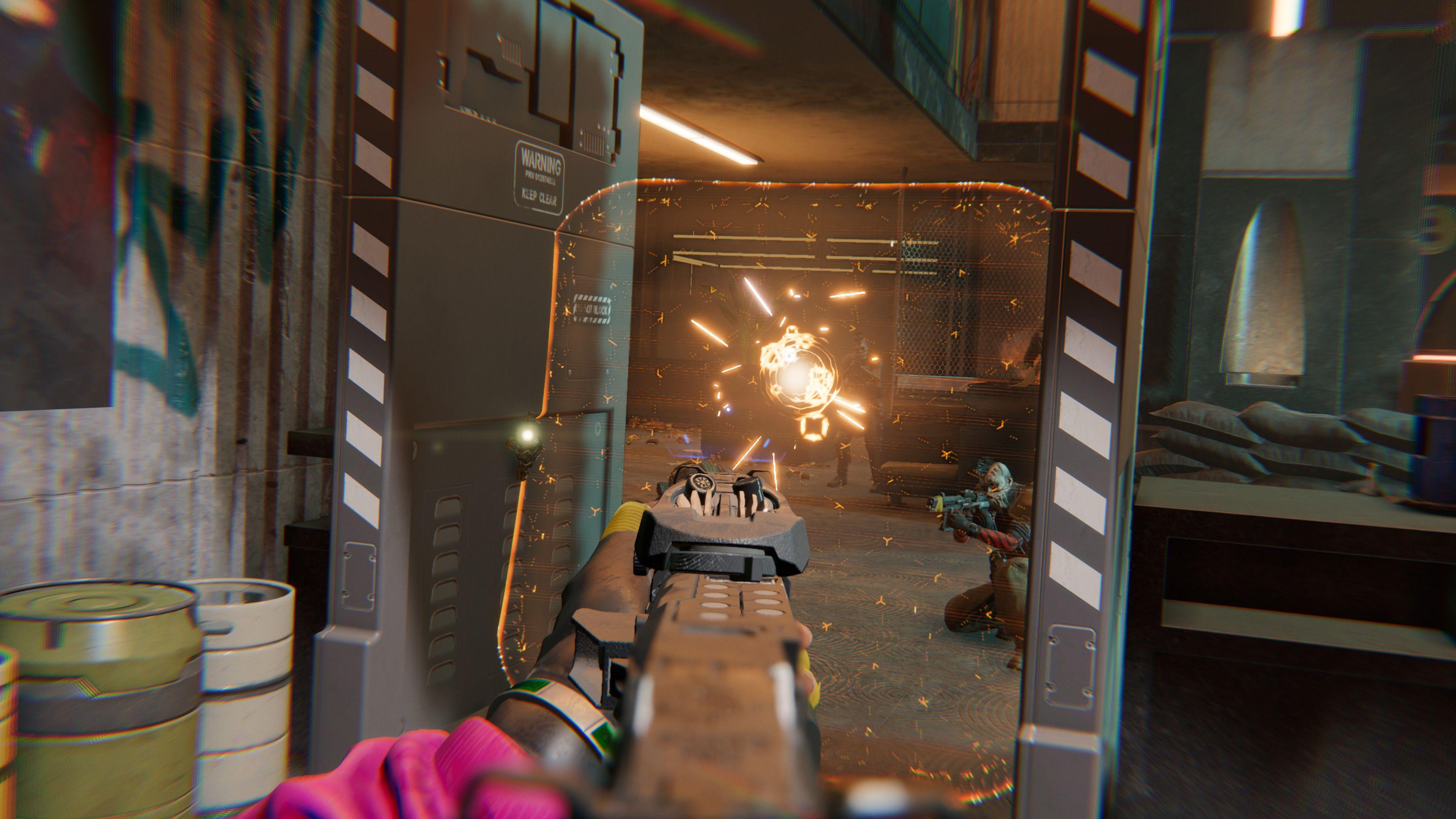 Aiming down sight shooting at enemies through an energy shield