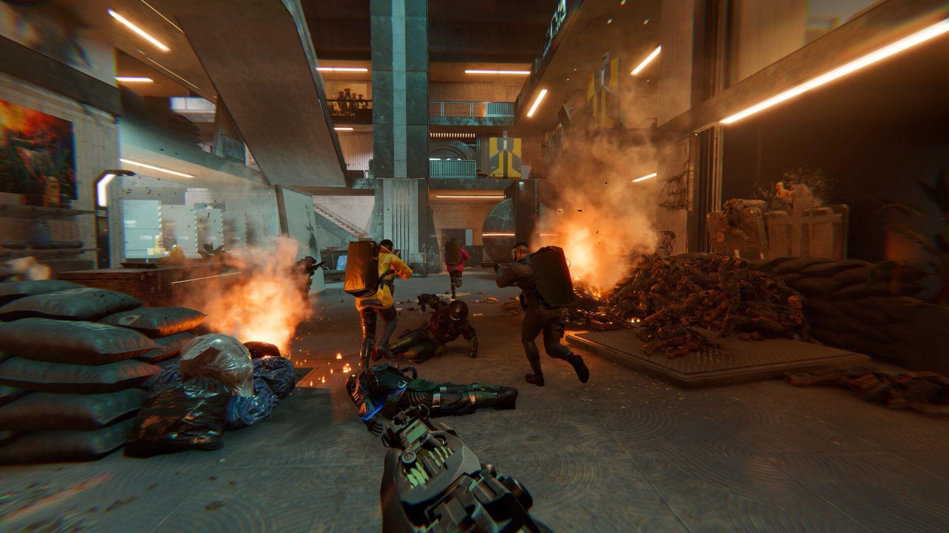 three characters running in a chaotic environment surrounded by destruction and fire