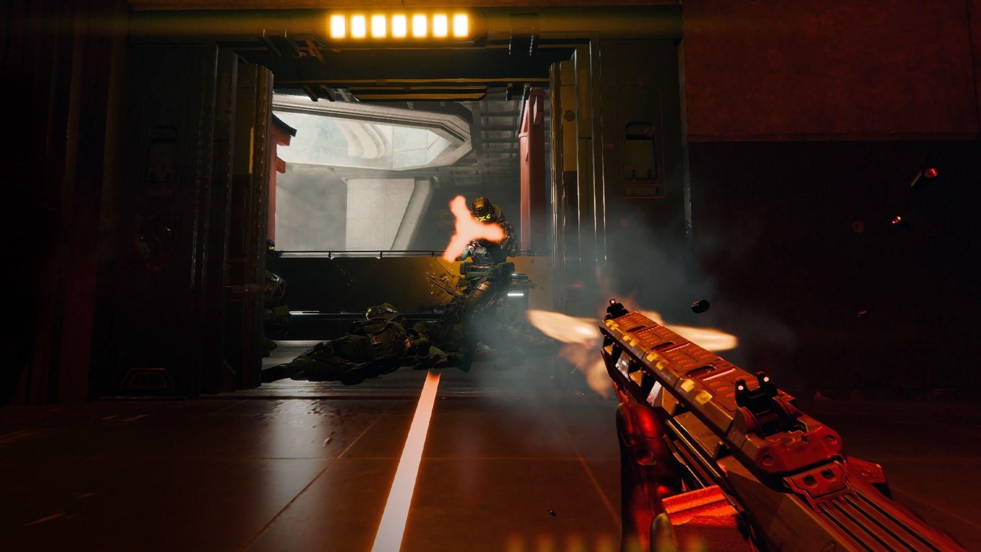 Character aiming down sight with text "Den of Wolves PCGS 2025 Trailer"